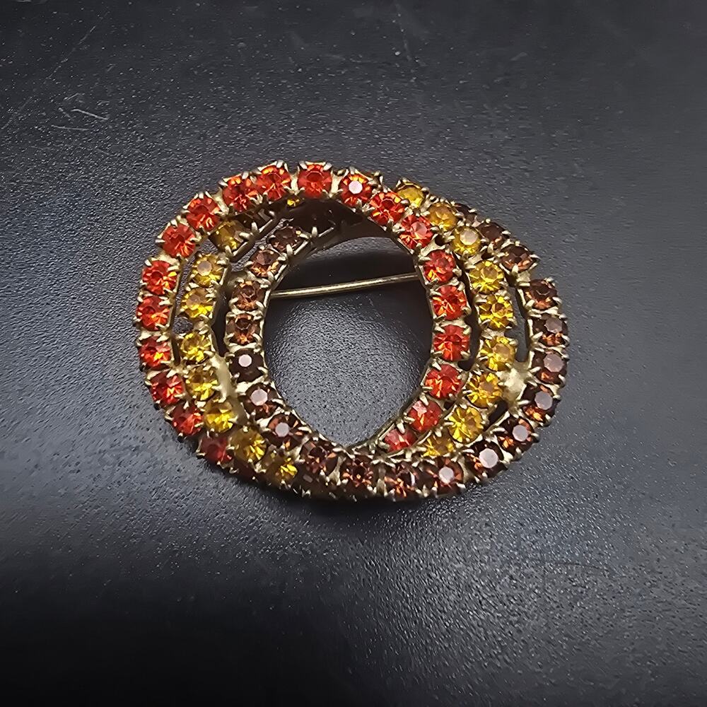 Autumn Fall Colored Rhinestone Circle Brooch Vintage Glam Jewelry - Picture 4 of 6